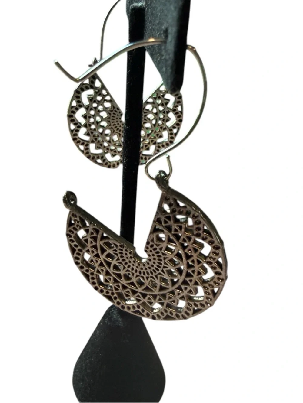 NWT Silver Boho Filigree Mandala Fan Drop Earrings Geometric Statement